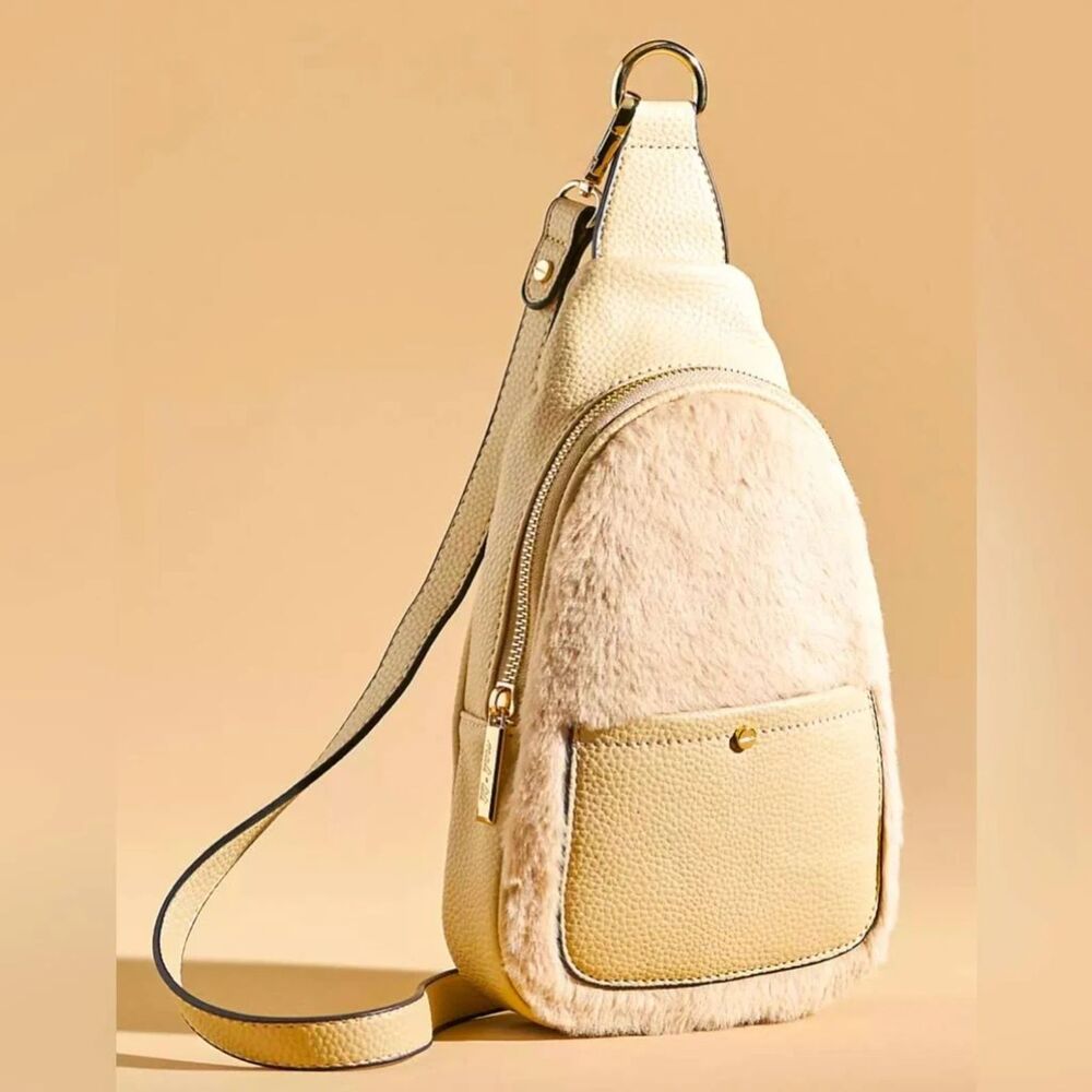 Anthropologie Mali + Lili Gwen Media Sling Bag Beige Faux Fur Vegan Leather
